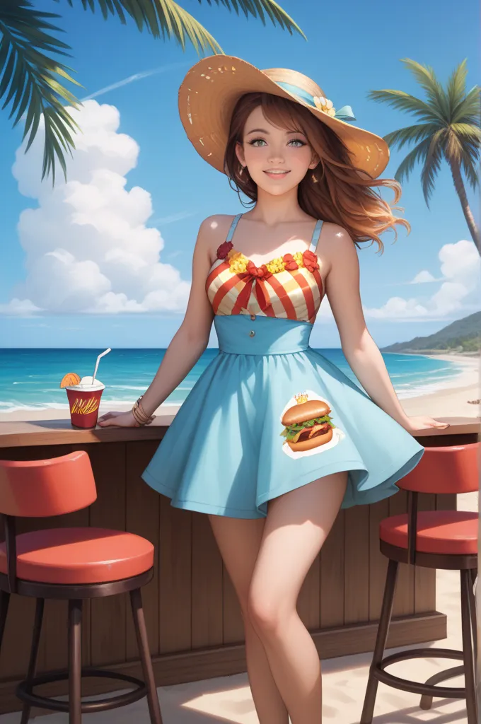 Cute girl with beach landscape and Mc Donals store