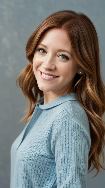 Brittany Snow, wearing clothes made of worsted, with blue, light blue, yellow, green linen, on a gray background, smiling