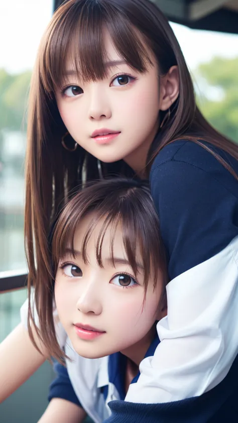 2girls, lesbian, masterpiece, highly detailed, absurdres, high quality, (aichan:1.5), neat and beautiful girl, beautiful detailed eyes, brown Semilong hair, layered hair, fluffy hair, bangs, glossy lips, pleated skirt, school uniform, shirt, full body,
16K...