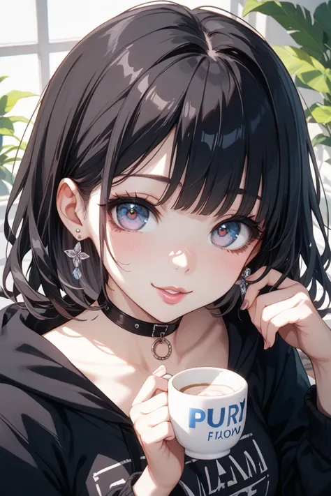 long black hair、big eyes with heavy makeup、Dark makeup、pale pink lips、  white skin、Three sizes 86-60-88、D cup bust、neck chokers、black hoodie、miniskirt、 platform boots、silver earrings、 Mine Girl、18 years old、Yandere and Yandere、erotic cute 、Sexy Poses、intim...