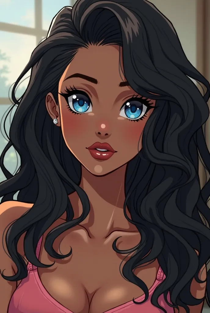 Make a beautiful anime girl in her late twenties with long thick wavy curly black hair and extremely beautiful blue eyes with thick lush tall eyelashes her skin is  brown slightly dark and her lips are full plump with terracotta lipstick make her cute and ...