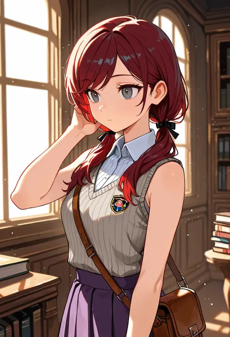 masterpiece, best quality, amazing quality, very aesthetic, high resolution, newest, hyper-detailed, expressionless, :|, young woman, adjusting hair. satchel, light particles, close up, books, dark red hair, swept bangs, low twin tails, hair ribbons, stoic...