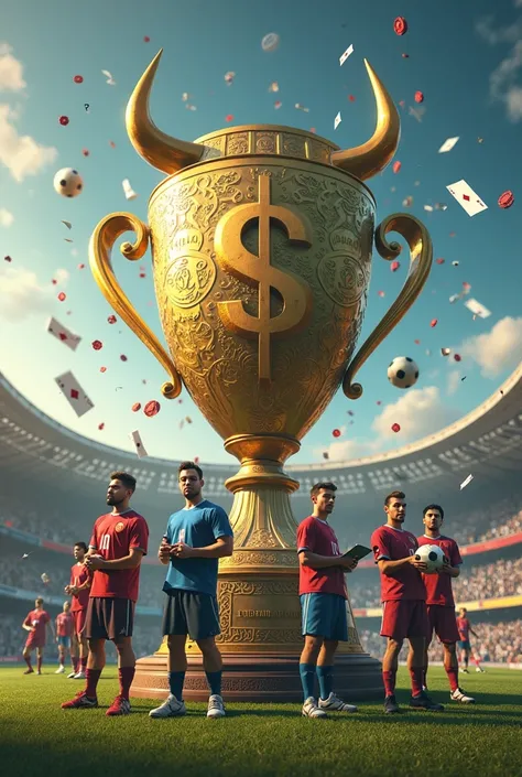 Please create me a picture which shows Dollar dates in big text and the background A massive trophy shaped like a stock market bull, with a soccer stadium in the background. Traders and soccer players stand together, each holding poker chips, trading table...