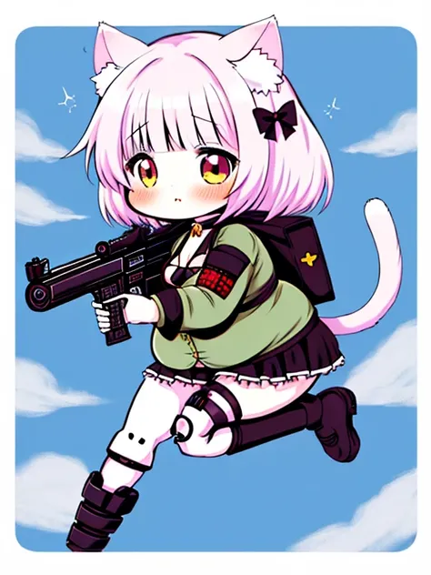   chibi，anime style，mangastyle，girls，Minimum， little character，chubby，obesity，Cat Ears and Tails ， bikini，miniskirt， short prosthetic arm，short prosthetic leg，Putting on/taking off，Gothic Lolita，military， Shooting ，flight，全身ショット 💕 メカ少女💕
