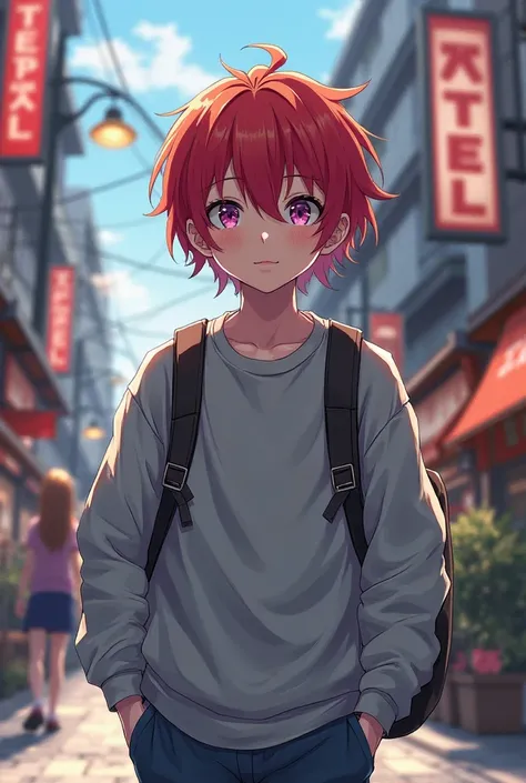 Draw a red-haired ager with purple eyes, gray anime style sweatshirt 
With a backpack on his shoulder while walking to a hotel in Japan 