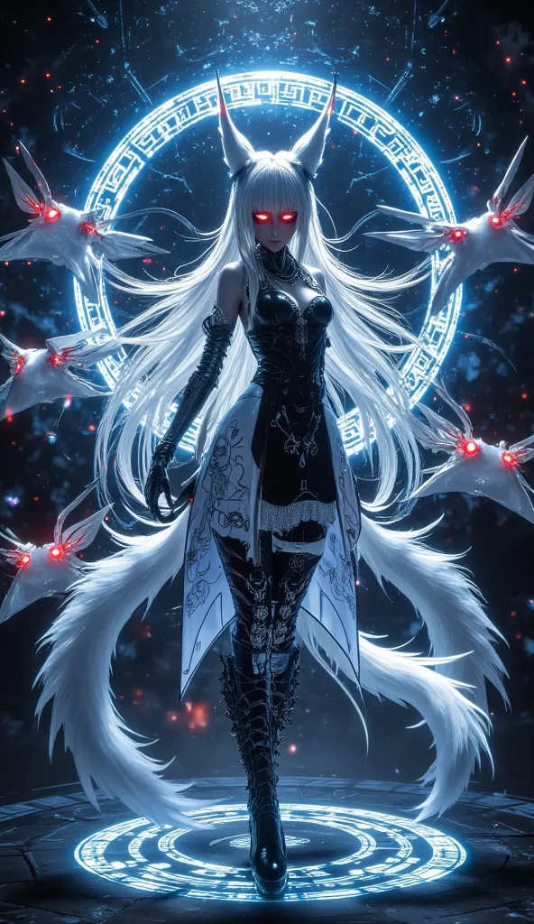 (masterpiece, best quality, high quality, highres, ultra-detailed), realistic,,1 sweet girl, A mystical anime-style character with long, flowing white hair and glowing red eyes, standing within an intricate, glowing blue magic circle adorned with ancient r...