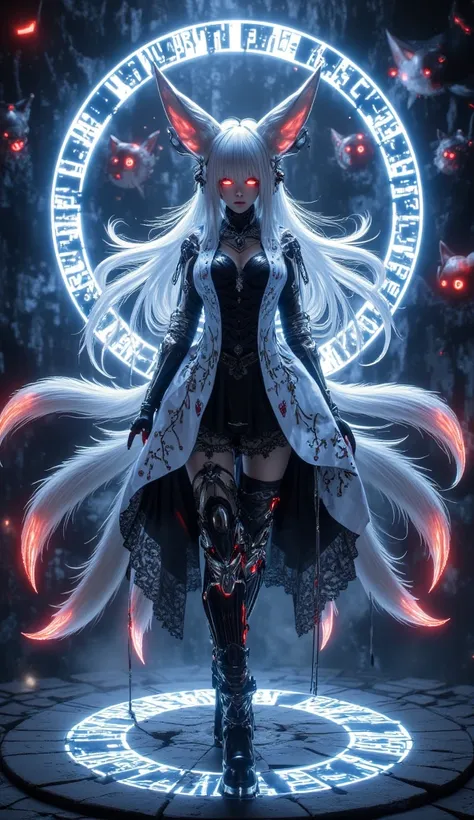 (masterpiece, best quality, high quality, highres, ultra-detailed), realistic,,1 sweet girl, A mystical anime-style character with long, flowing white hair and glowing red eyes, standing within an intricate, glowing blue magic circle adorned with ancient r...