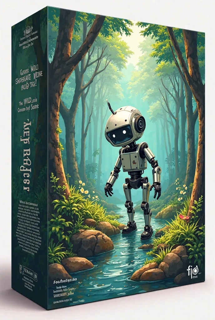 Use English as text and Design the side of cereal box with  “the wild robot” title, author, book setting, and characters 