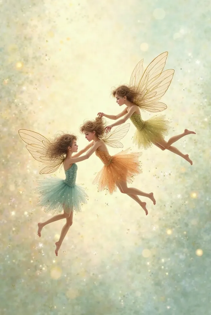 Three fairies flying together like a drawing 