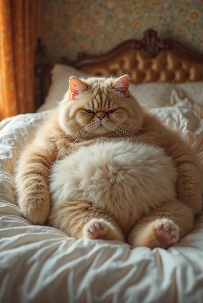 Create a very fat cat lying on the bed and very detailed in 4K 