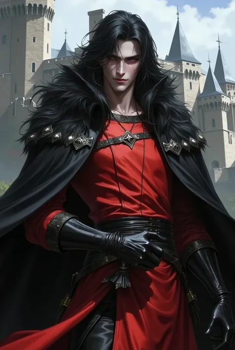 man with dark skin, long black hair, dressed in a red medieval tabard, red eyes, black leather gloves, torn cloak with voluminous black hair on the shoulders, look of superiority and sarcastic smile, castle