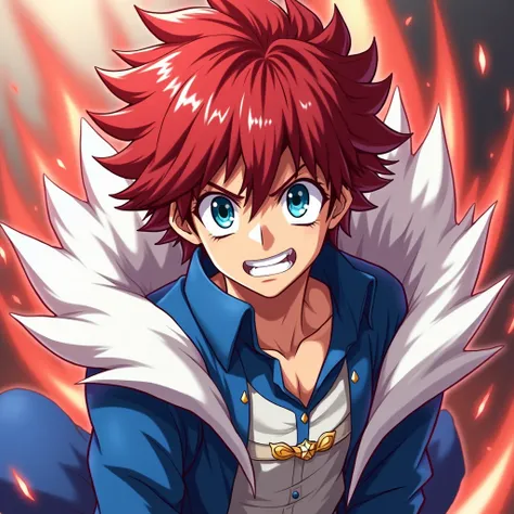 anime character with red hair and a blue and white shirt, joseph joestar, handsome guy in demon slayer art, trigger anime artstyle, an epic anime of a energy man, transforming into his final form, blazing infero, screenshot from black clover, otaku gangast...