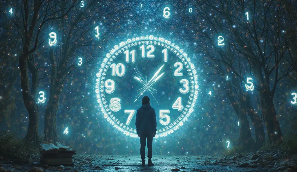 A mystical scene of a person looking at a clock showing repeating numbers like 11:11 or 333, with glowing numbers appearing around them in the environment—on car license plates, books, and in the stars above. The atmosphere is full of energy, as if the uni...