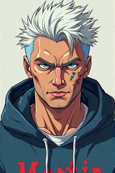 Anime style man with white hair and blue eyes with a bruised face and who says Martin in the sweatshirt