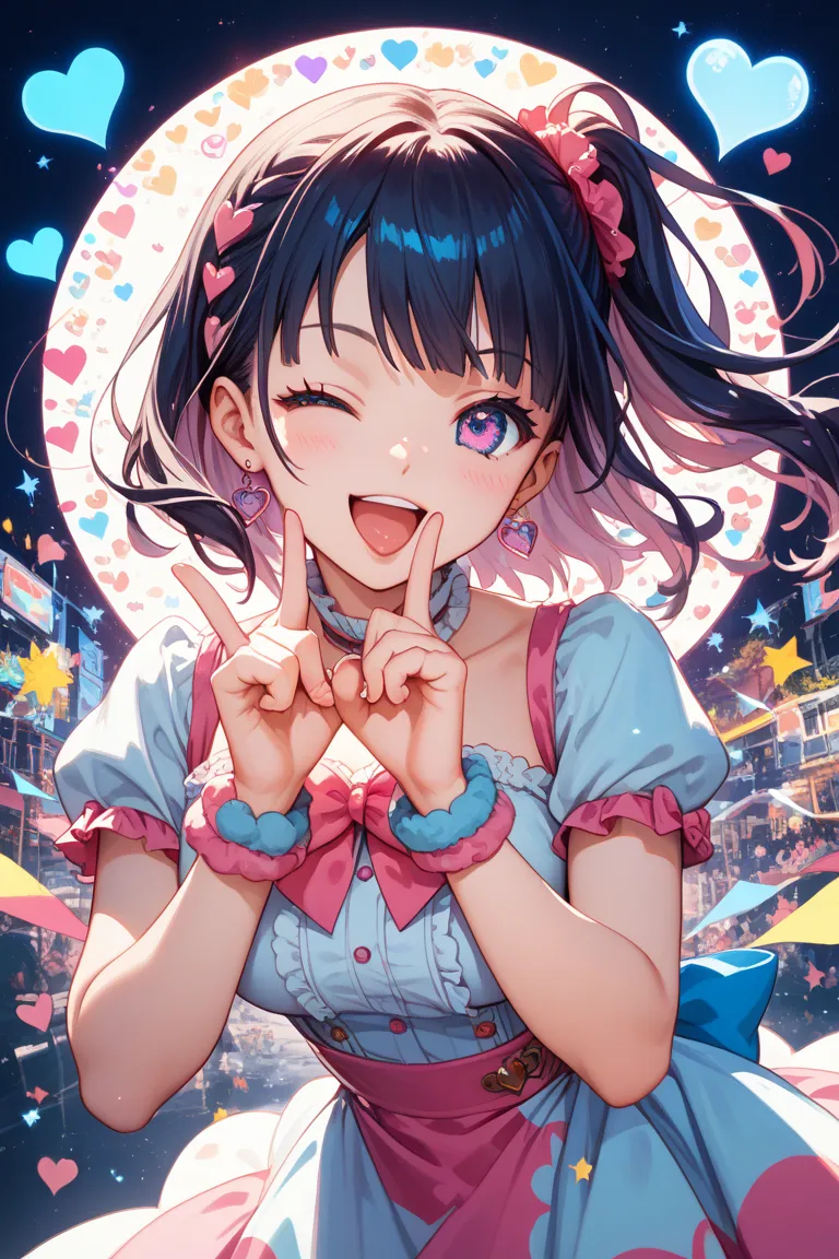 Girl wink anime style with cute finger heart putting her hand forward