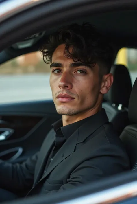 A 19-year-old young macedonian man with short black hair, half a centimeter long, weighing 88 kilograms and 180 centimeters tall, wearing a shirt and a black suit, is sitting in a luxurious 2020 Mercedes S-Class. 