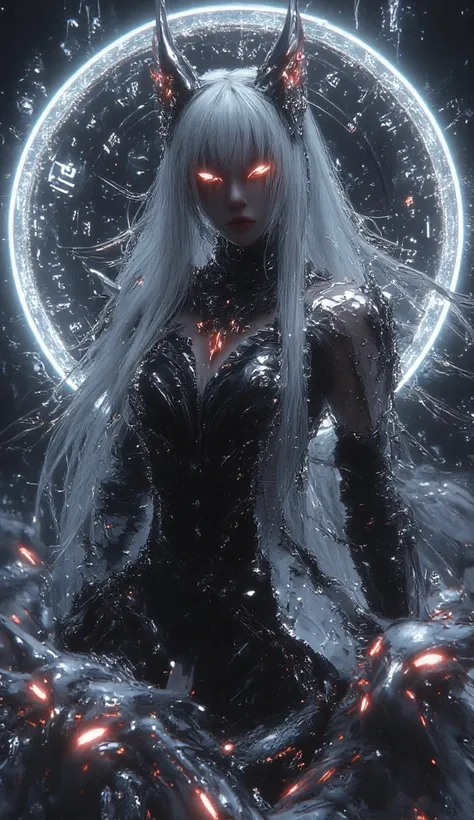 (masterpiece, best quality, high quality, highres, ultra-detailed), realistic,,1 sweet girl, A mystical anime-style character with long, flowing white hair and glowing red eyes, standing within an intricate, glowing blue magic circle adorned with ancient r...