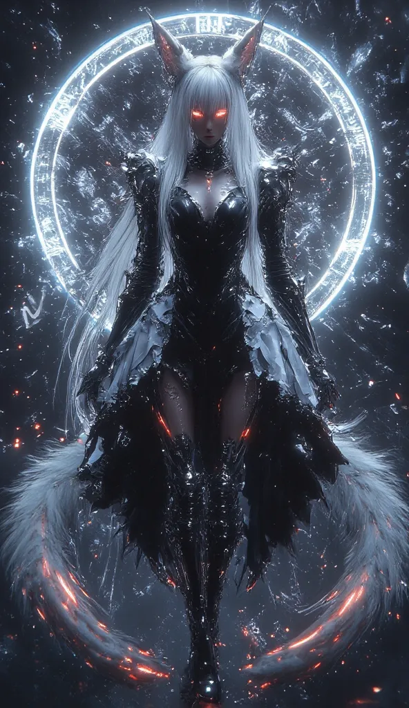 (masterpiece, best quality, high quality, highres, ultra-detailed), realistic,,1 sweet girl, A mystical anime-style character with long, flowing white hair and glowing red eyes, standing within an intricate, glowing blue magic circle adorned with ancient r...