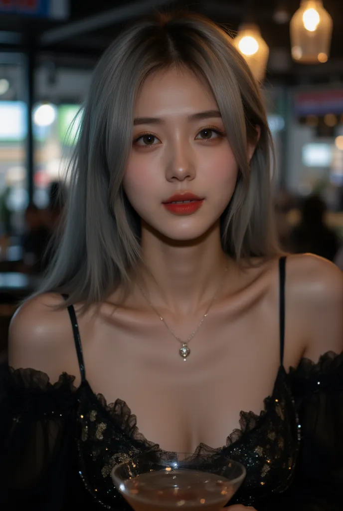 Real photos,masterpiece, best quality, good quality, japanese woman  ,green eyes ,silver hair ,straight hair ,long locks ,elegant ,sashy ,noble ,smile ,looking at viewer ,tiny earrings ,necklace ,evening dress ,cocktail  ,holding a cocktail glass ,night ,b...