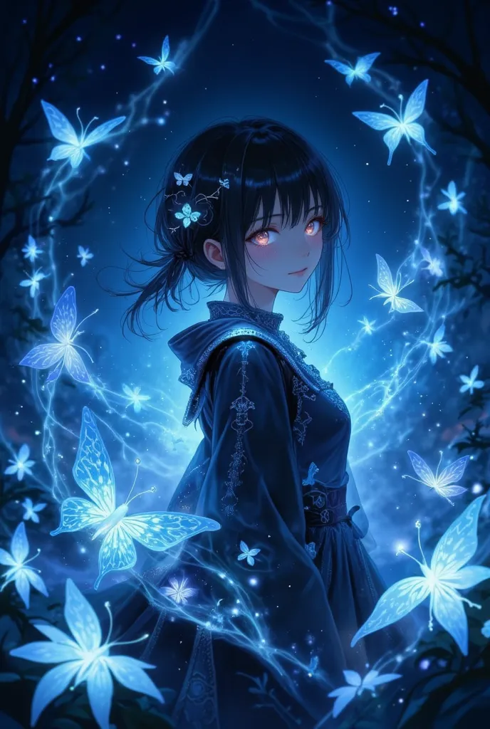 playful, mysterious dark pretty anime girl under a Chrysalis Night