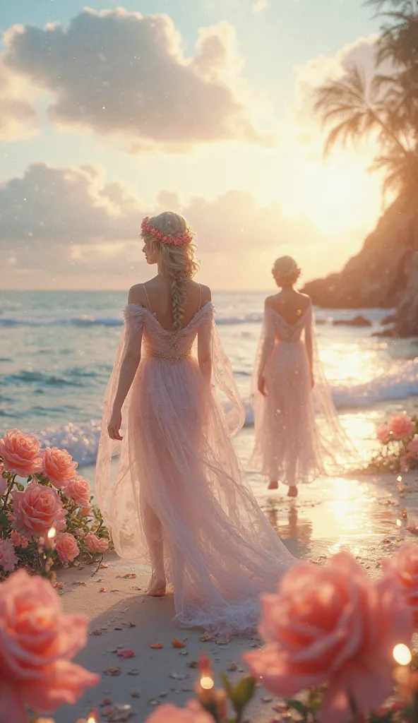 dreamy fantasy with roses and candles on the seashore