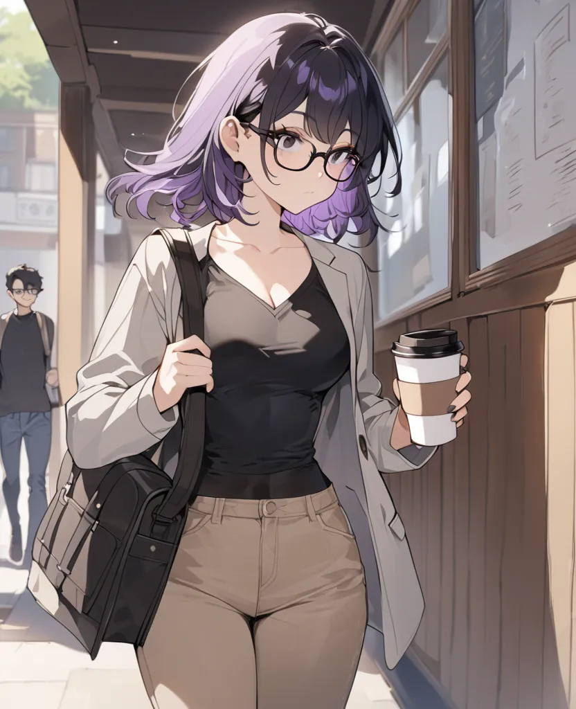 A 19 year old girl, short black hair and purple locks, black glasses and black eyes , high, hourglass bodies,  thin, medium breasts. Wearing a black crop top blouse with an open V-neck , over a gray jacket, brown jeans and a black cross backpack, walking a...