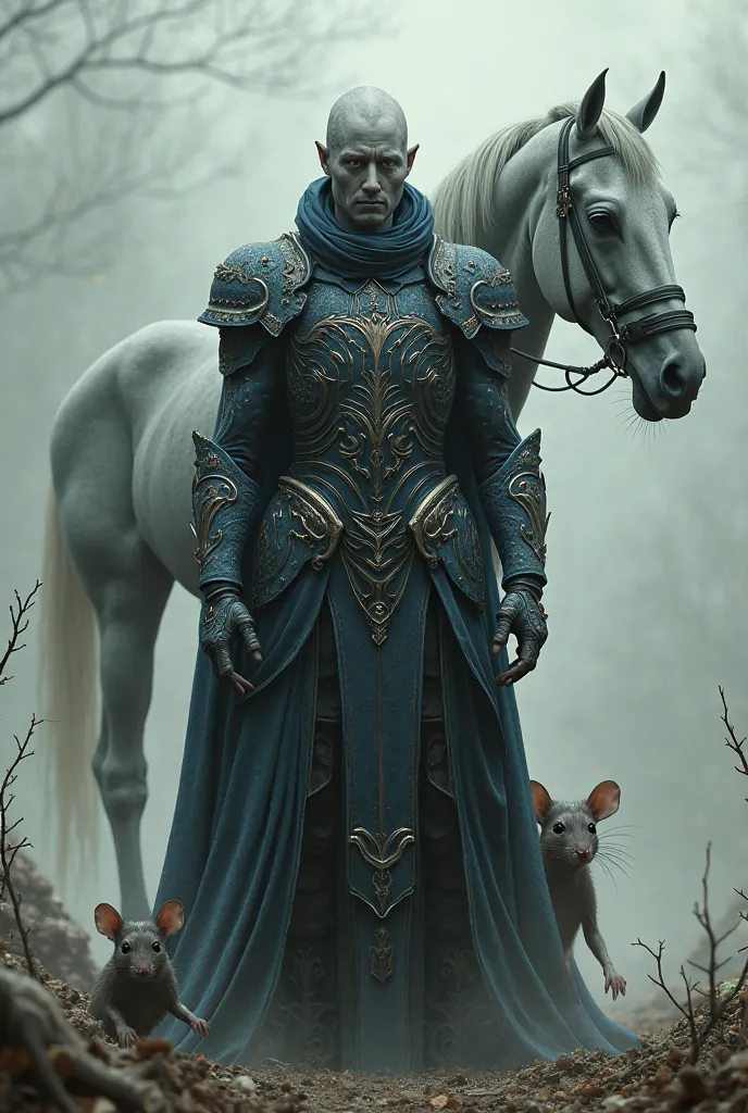 human with gray skin and dark blue tattoos in armor with a rat and a ghostly horse in the background