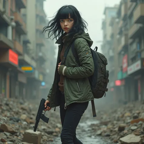  20-year-old girl , wavy black hair, green eyes, jacket,  pants, boots, using backpack, holding a pistol,  walking, background looking to the side,  city, debris,  apocalyptic scenario , high resolution, Necessary, dancing, Ultra HD, High details. 4K.  clo...