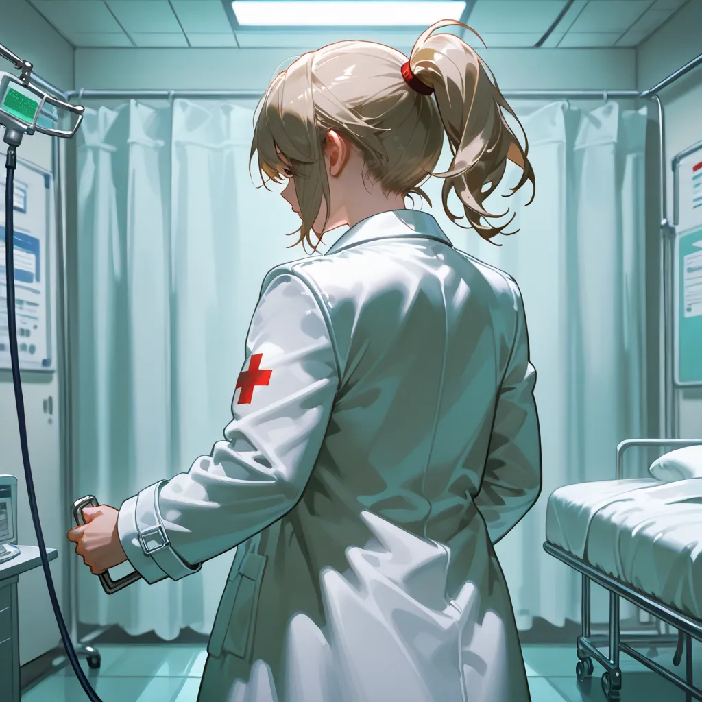 girl, ponytail, white coat over naked, hospital