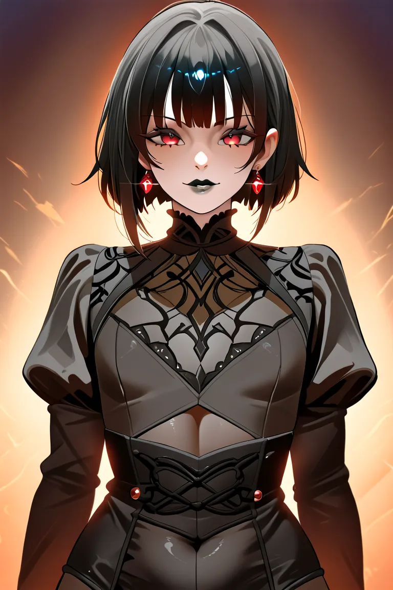 femboy short black hair scarlet red eyes black plump lips red earrings