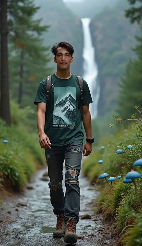 full-length photo of a 29-year-old young Asian man with tanned skin tone, facial details, skin texture, and straight hair styled with a side parting.Wearing A darkMisty green short -sleeved shirt with pictures of people climbing high mount Everest With the...