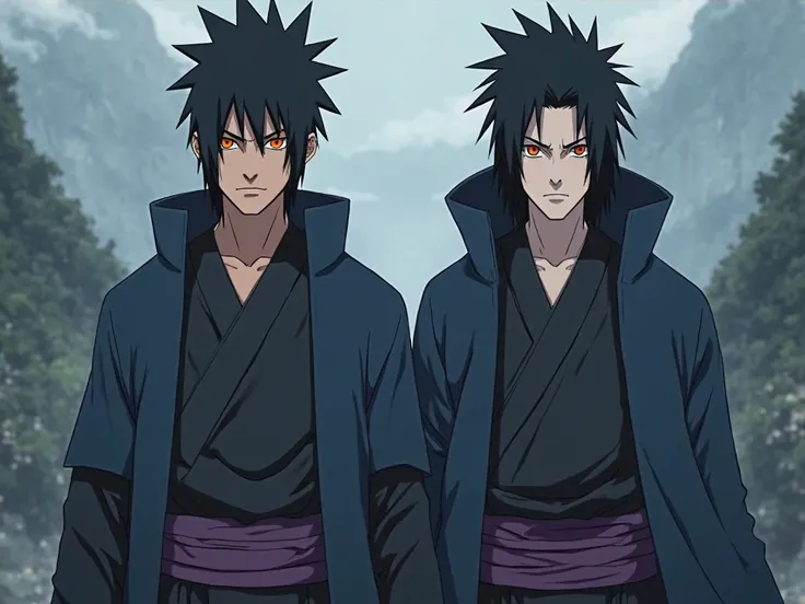 two twin men from the Naruto, orange eye band, with black hair, anime without masks who are from the village of the fog and wear dark blue and black clothes and have the purple belt of Orochimaru