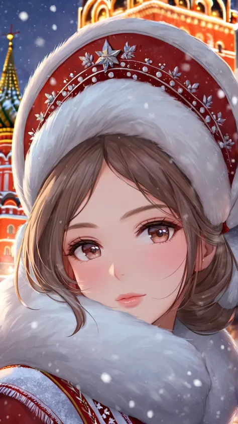 "A close-up portrait of a woman in a traditional Russian sarafan dress, her face framed by a warm fur-lined kokoshnik headdress. Her cheeks are slightly flushed from the cold, and a soft snowfall drifts around her. The background features a blurred view of...