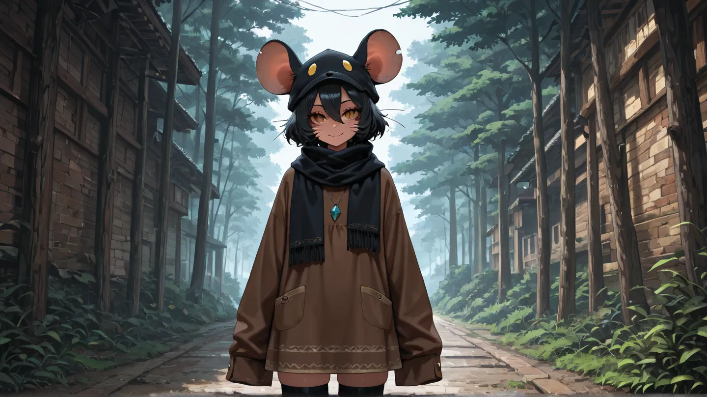 masterpiece,best quality,absurdres,highres,solo,cowboy shot,
mouse girl,black hair,short hair,hair between eyes,whiskers,
short hair,hair between eyes,whiskers,
mouse hat,yellow sclera,brown eyes,slit pupils,black scarf,brown dress,long sleeves,sleeves pas...