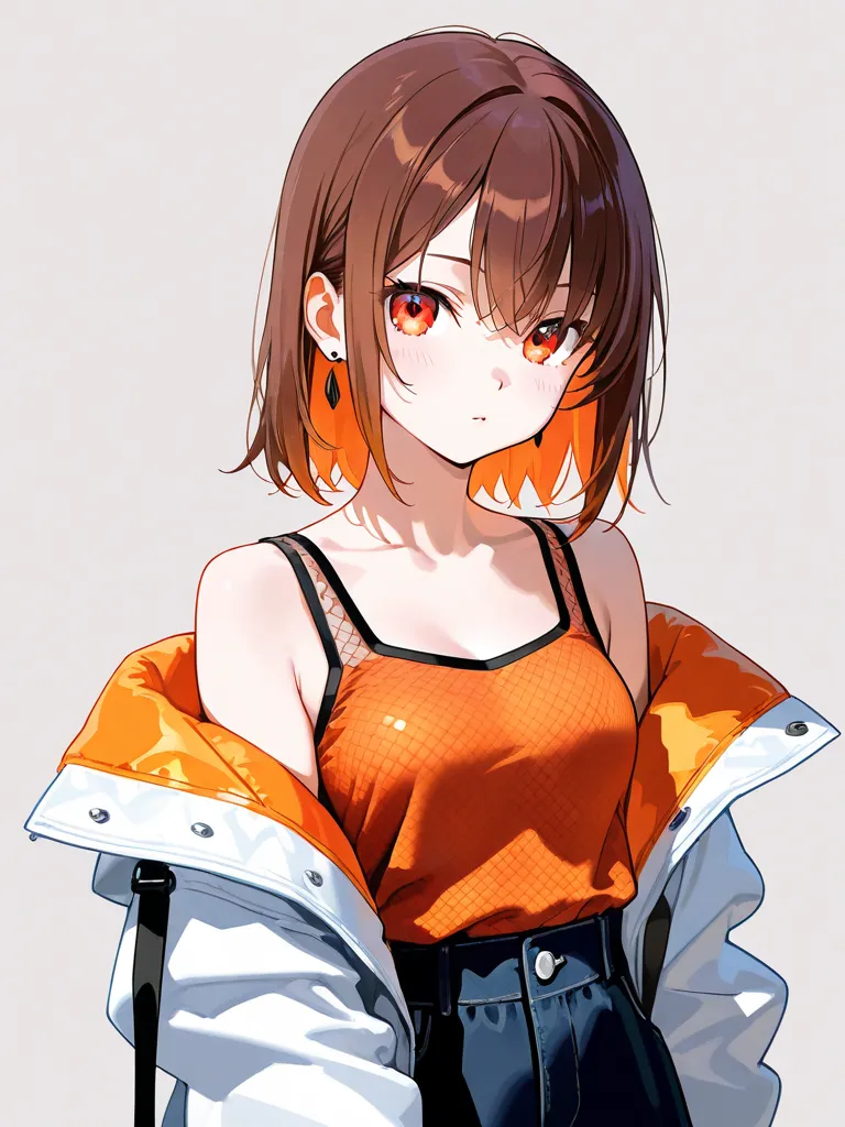 tanktop, orange mesh and brown hair, middium breast, MA-1, black inner color hair, red eyes