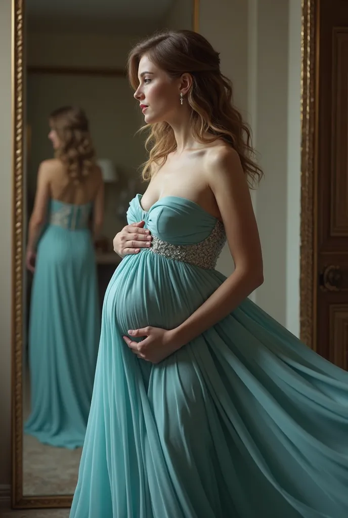 very young pregnant  bridesmaid in strapless blue dress, large breasts, in dressing room