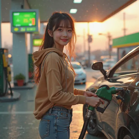 "A highly detailed and photorealistic image of a young japanese girl, around 18 years old, refueling a modern sedan at a gas station. She has a cheerful and focused expression, holding the fuel nozzle with both hands as she fills the tank. Has hair is  rel...