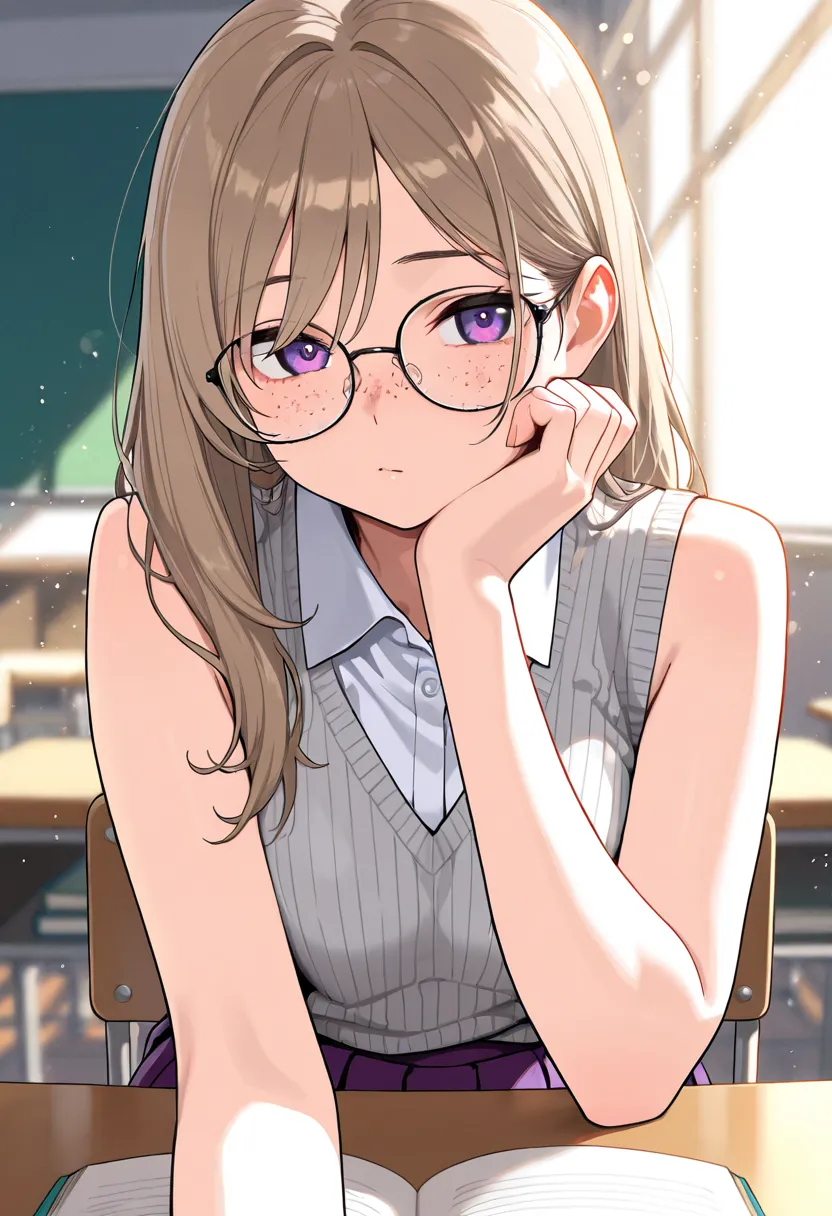 masterpiece, best quality, amazing quality, very aesthetic, high resolution, newest, hyper-detailed, freckles, close up, thin young woman, glasses, embarrassed expression, thin, long light brown hair, glasses, purple eyes, hand on own face, head rest, slee...