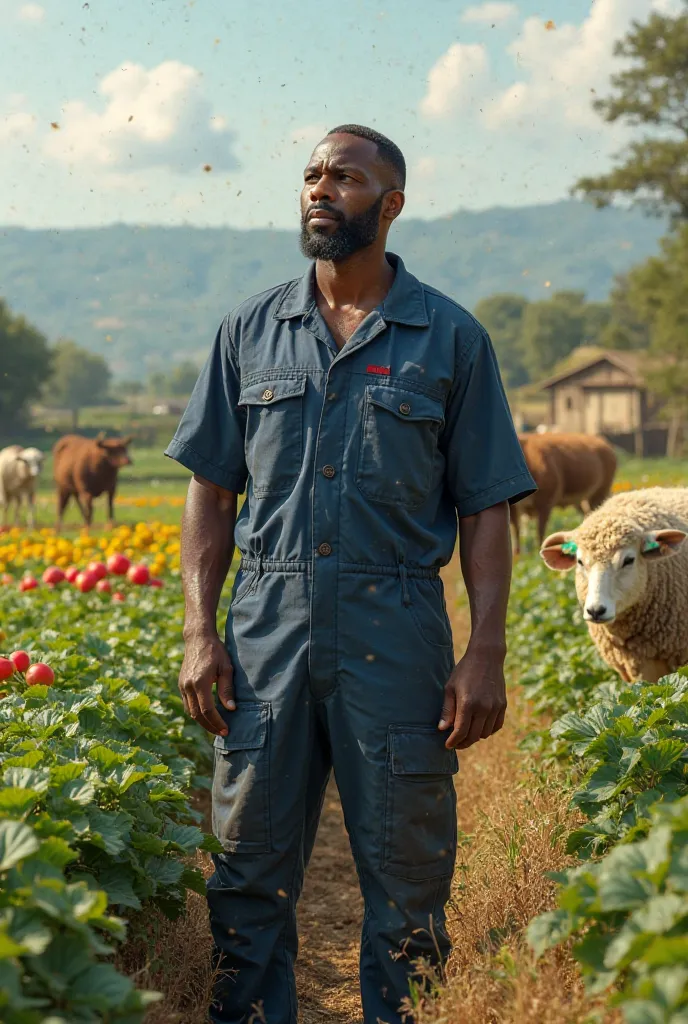 Générer moi un homme noir avec un blouse d'ingénieur se trouvant dans un environnement avec des champs de fruits et légumes avec des bovins et ovin