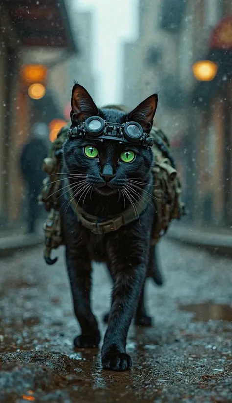 A sleek, agile cat adorned in tactical gear, complete with a miniature tactical vest and night vision goggles, stealthily prowls through a dimly lit urban environment. Its intense green eyes reflect a sense of determination as it surveys the area, amidst a...