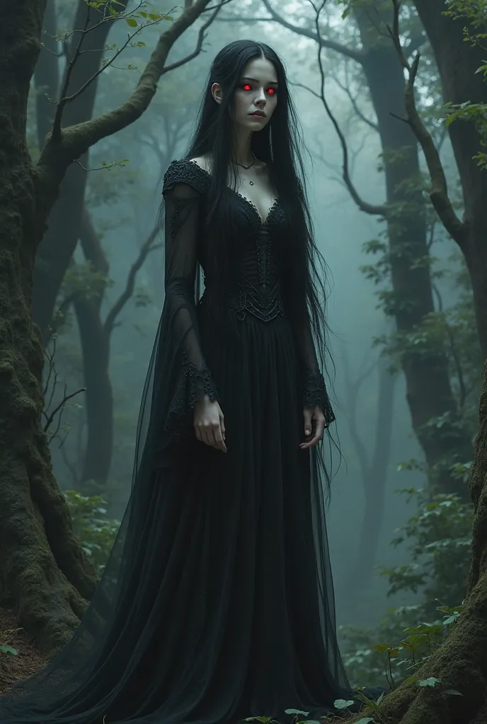 a tall white-skinned woman with long black hair with red eyes with dark auras in a dark forest looking to the left 