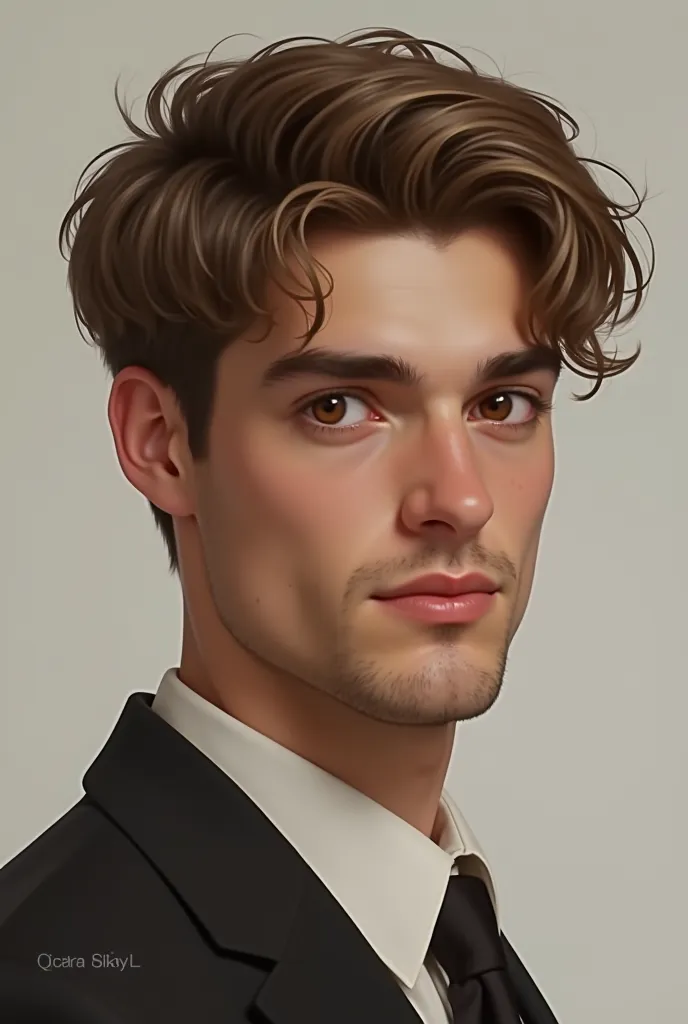 create a male character with light brown hair and brown eyes, white skin with a neutral facial expression 