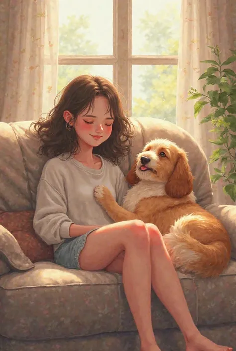 A girl lounging on a cozy couch with a fluffy dog sprawled lazily beside her, both enjoying a sunny afternoon.