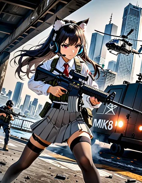(masterpiece), (best quality), (high res), high details, 4k, 8k, solo focus, 1girl, female samurai, Japanese military officer, (cat ears:1.1, animal ears, fluffy ears:1.2), college-aged female, long hair, black hair, tactical headset, hair ornament, white-...