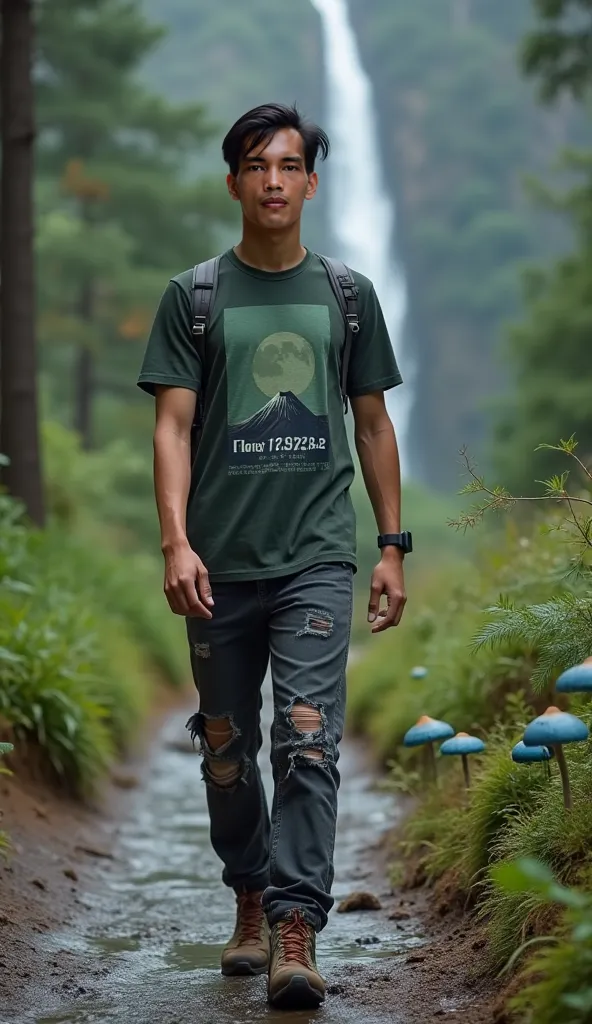 full-length photo of a 29-year-old young Asian man with tanned skin tone, facial details, skin texture, and straight hair styled with a side parting.Wearing A darkMisty green short -sleeved shirt with pictures of mount Bromo With the writing of The North F...