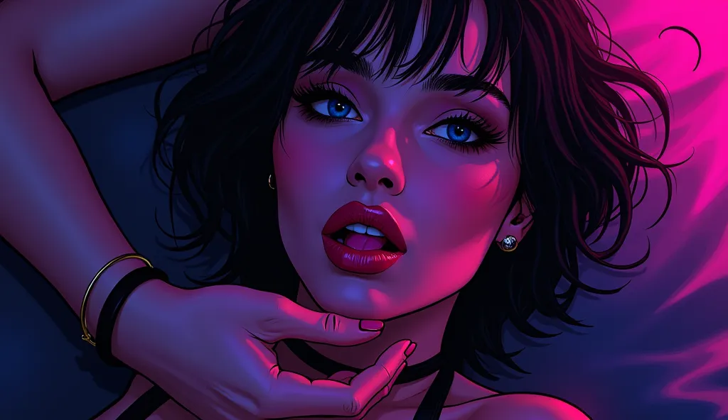 "A highly stylized digital illustration in neon cyberpunk tones, depicting a seductive woman with dark, intense eyes and full lips, her tongue slightly out in a teasing manner. A strong, dominant male hand gently holds her chin, adding a sense of control a...