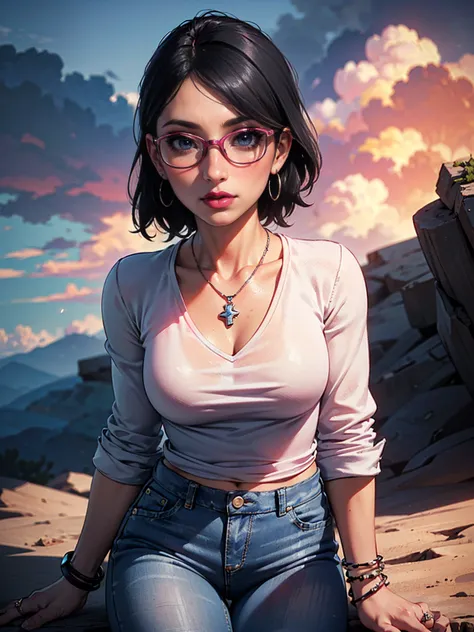 (1girl, solo, alone), (WakatsukiRisa, Sarada Uchiha, short hair, black hair black eyes, red glasses), ((solo, (1woman, pink lipstick), Extremely detailed, ambient soft lighting, 4k, perfect eyes, a perfect face, perfect lighting, a 1girl)),  ((masterpiece)...