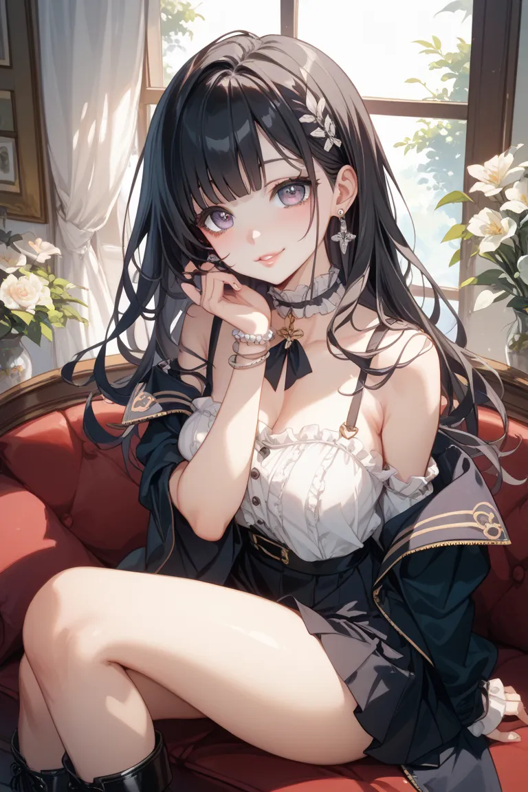 long black hair、big eyes with heavy makeup、Dark makeup、pale pink lips、  white skin、Three sizes 86-60-88、 G cup bust 、neck chokers、Bare legs、 platform boots、silver earrings、 Mine Girl、18 years old、Yandere and Yandere、Sickly cute、is erotic、Sexy Poses、intimat...