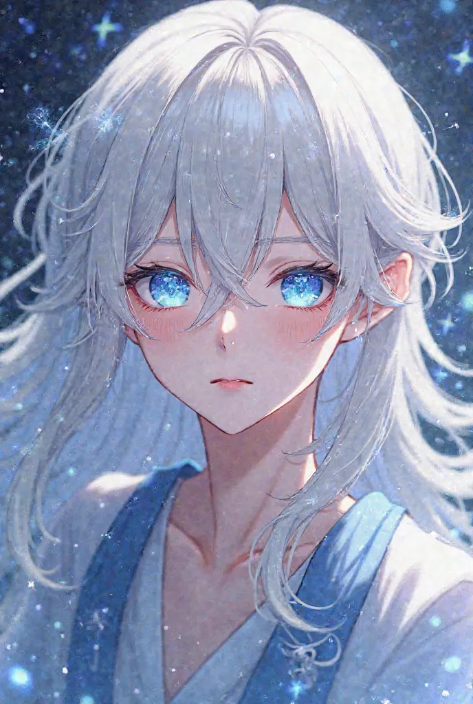 Anime boy character, white hair, long hair,  straight hair, with bangs, beautiful, Starry blue eyes,  White Eyelashes , design,  Japanese anime .