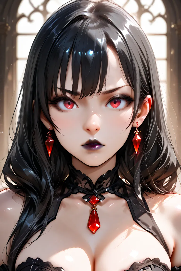 mature femboy short black hair scarlet red eyes serious look black plump lips red earrings